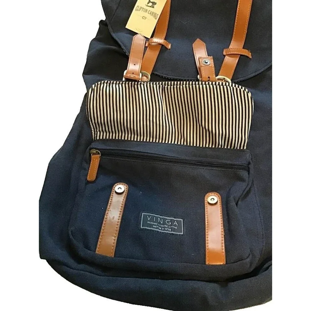 Vinga Clifton Canvas Navy Blue Leather Straps Large Backpack Drawstring Laptop